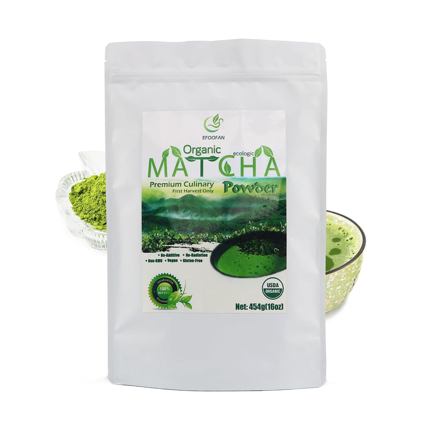 EFOOFAN USDA Organic Matcha Green Tea Powder - Premium Culinary Grade (1lb/16oz) - Rich Tencha Flavor, Antioxidant Polyphenols, Non-GMO, Gluten Free, Naturally Caffeined, Additives Free