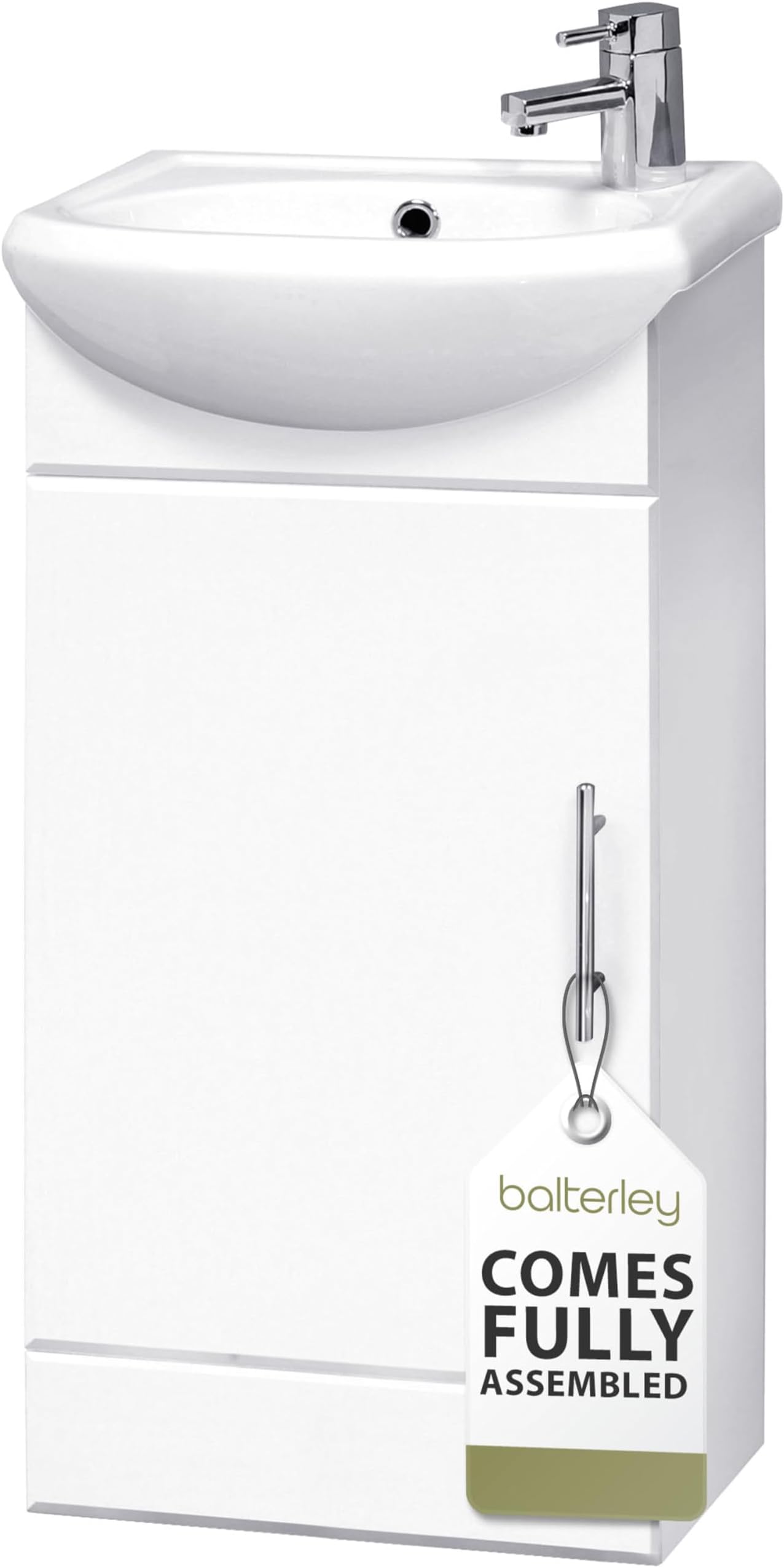 Balterley Vanity Unit with Basin Floor Standing, Soft Close Single Door with Curve Sink and Handle, Bathroom Vanity Units with Basin, Bathroom Sink Storage Cabinet - 400 x 200 x 780mm (White)