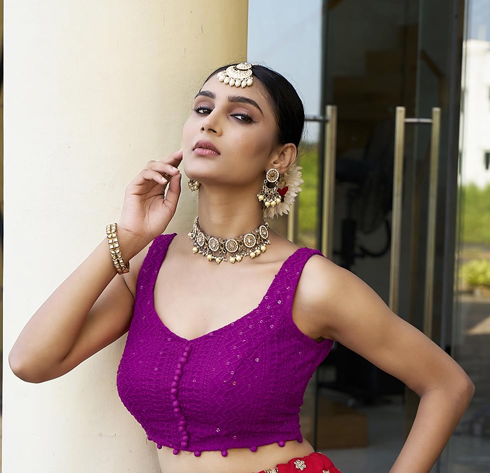 Image of Vihu Fashion Women's Readymade Fancy Potli Pattern Blouse Embroidery Lucknowi Work Sequence Work Indian Ethnic Designer Sleeveless Blouse Readymade Sweetheart Neck Blouse Women Blouse