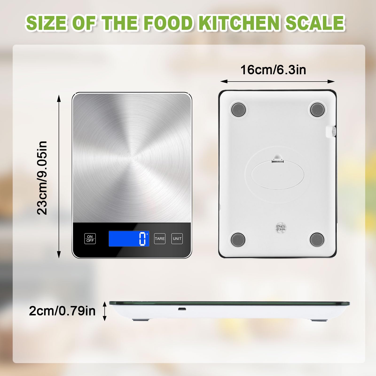 Digitale Küchenwaage, 15 kg, misst präzise Gramm und Unzen zum Backen, Kochen und Vorbereiten von Mahlzeiten, wiederaufladbarer 304 Edelstahl mit LCD-Display, Batterien und USB-Ladegerät im
