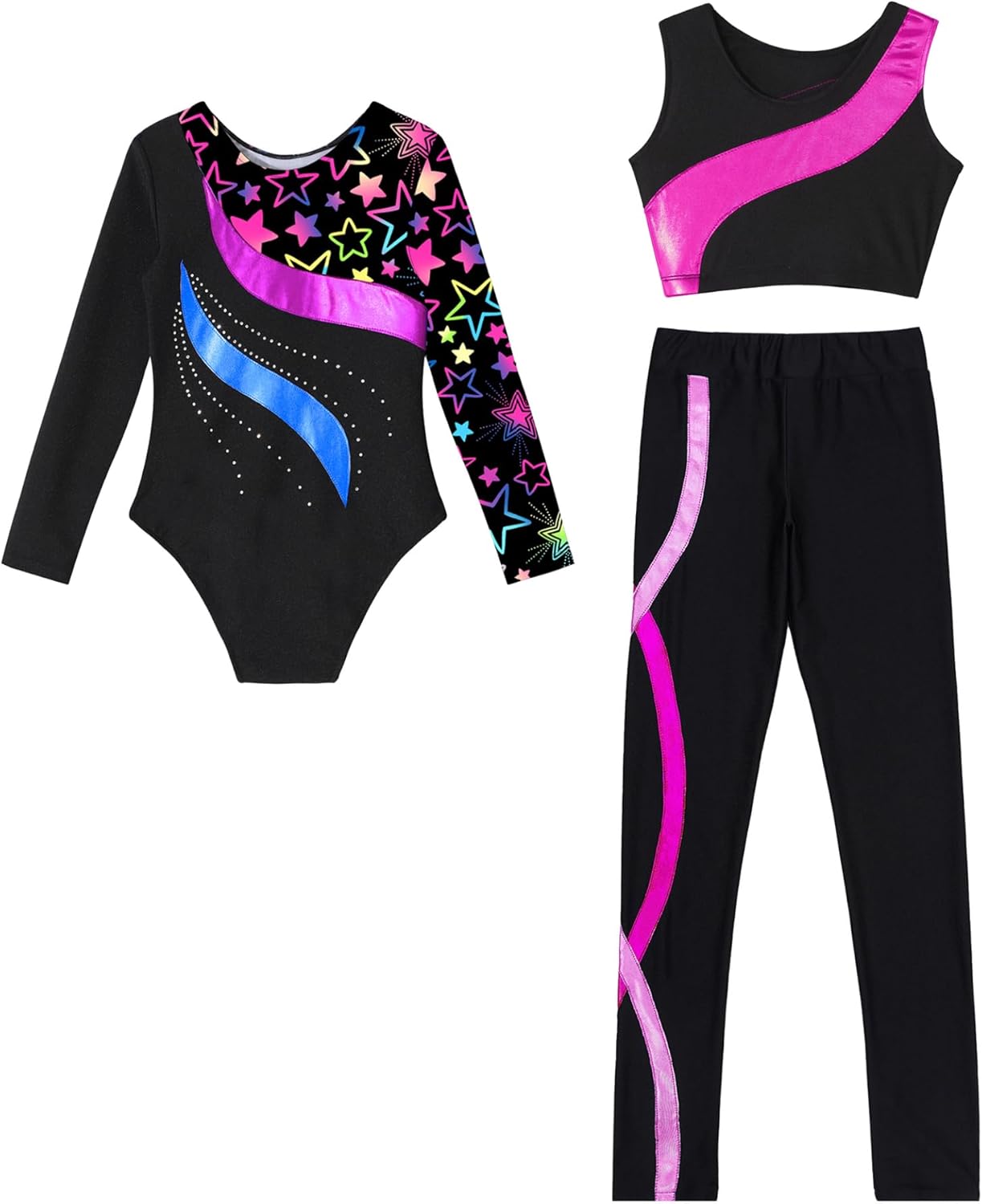 [Jugaoge] 子供用 女の子用 長袖 印刷柄の 体操用レオタード バレエダンス用ユニタード ボディースーツ クロップトップ レ