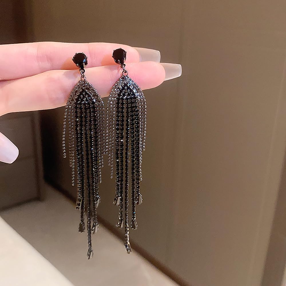 Black Rhinestone Long Tassel Earrings for Women.Crystal Chandelier Dangling Earrings Black Statement Earrings Fringe Zircon Drop Earrings Fashion Jewelry Gifts - Image 7