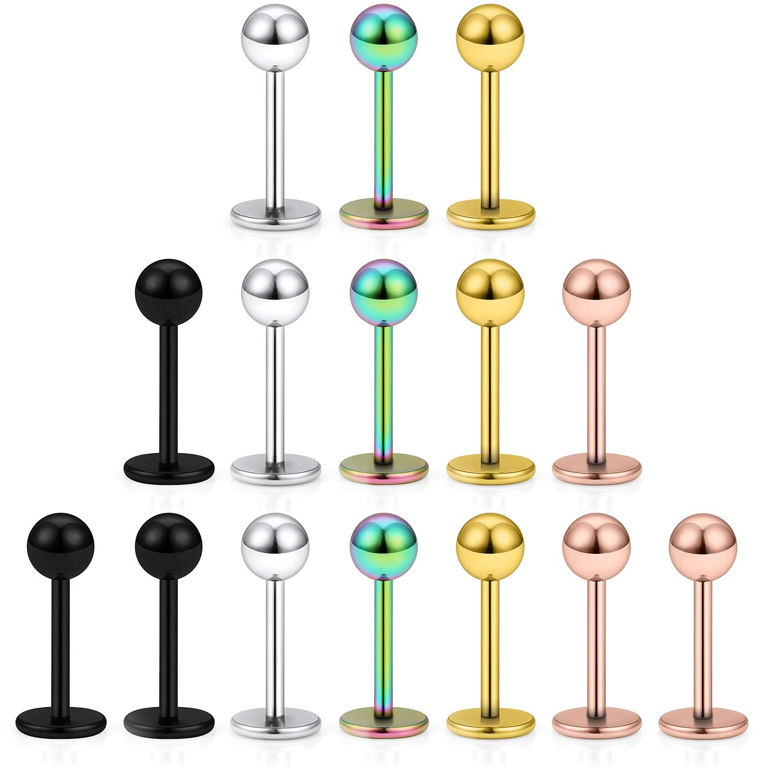 DyknaszDyknasz 15PCS 20G Stainless Steel Lip Rings Labret Studs Piercing Monroe Studs Ear Tragus Helix Cartilage Earring Jewelry 6-10mm Bar Length 5 Colors for Women Men