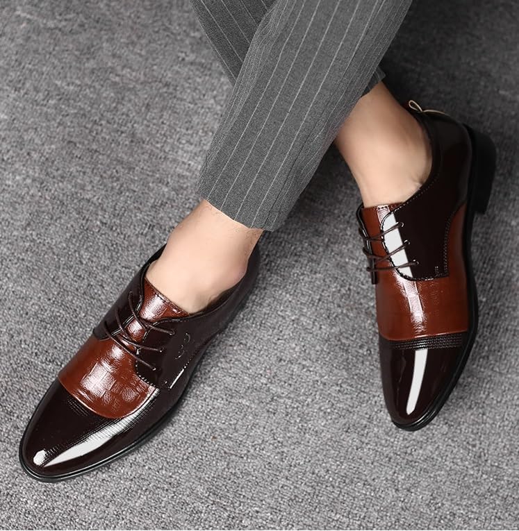 YZABEL Men's Patent Leather Flat Formal Oxford Shoes, Pointed Toe Lace-Up Business Casual Shoes, Rubber Non-Slip for Wedding Thanksgiving Christmas New Year Party Daily Activity2