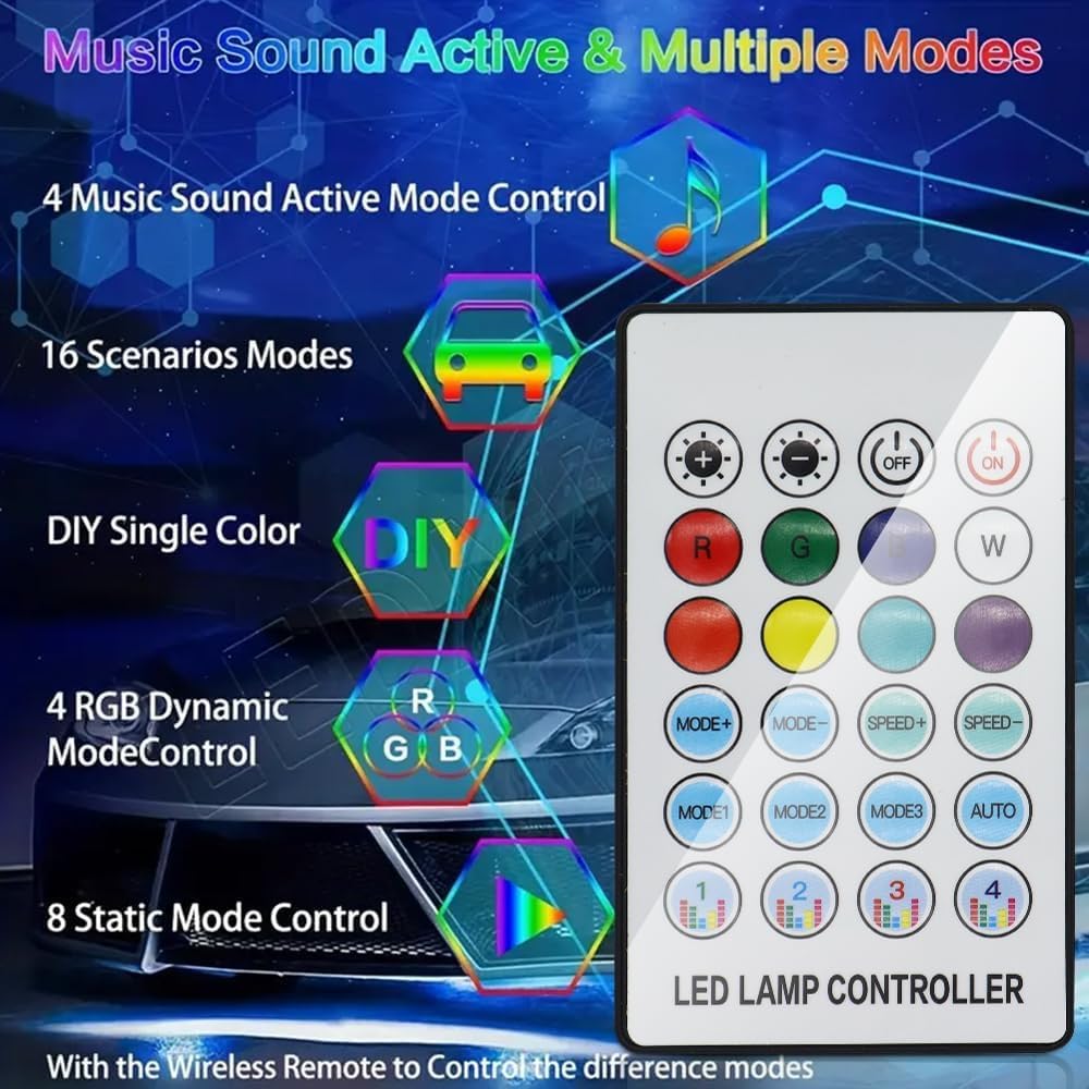 Luci Led Auto Interno, RGB Illuminazione Ambientale Auto Acrilica con 3 Metodi di Controllo Luci con Telecomando, App e USB, Neon Luce di Musica Striscia Auto110cm+35cm