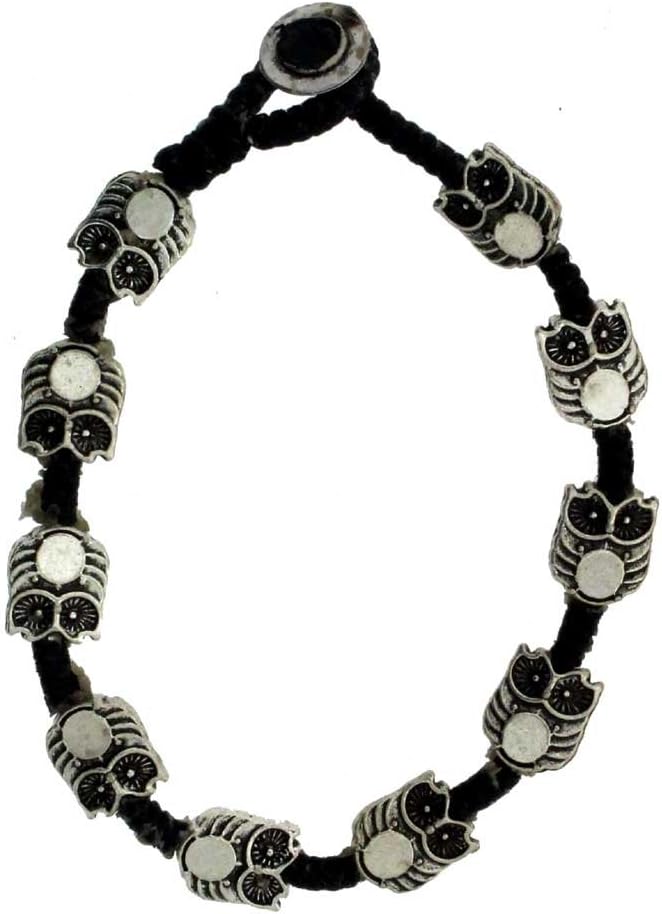 Silver Alloy Owl Bracelet Black Waxed Linen Wrist Jewelry Wristband