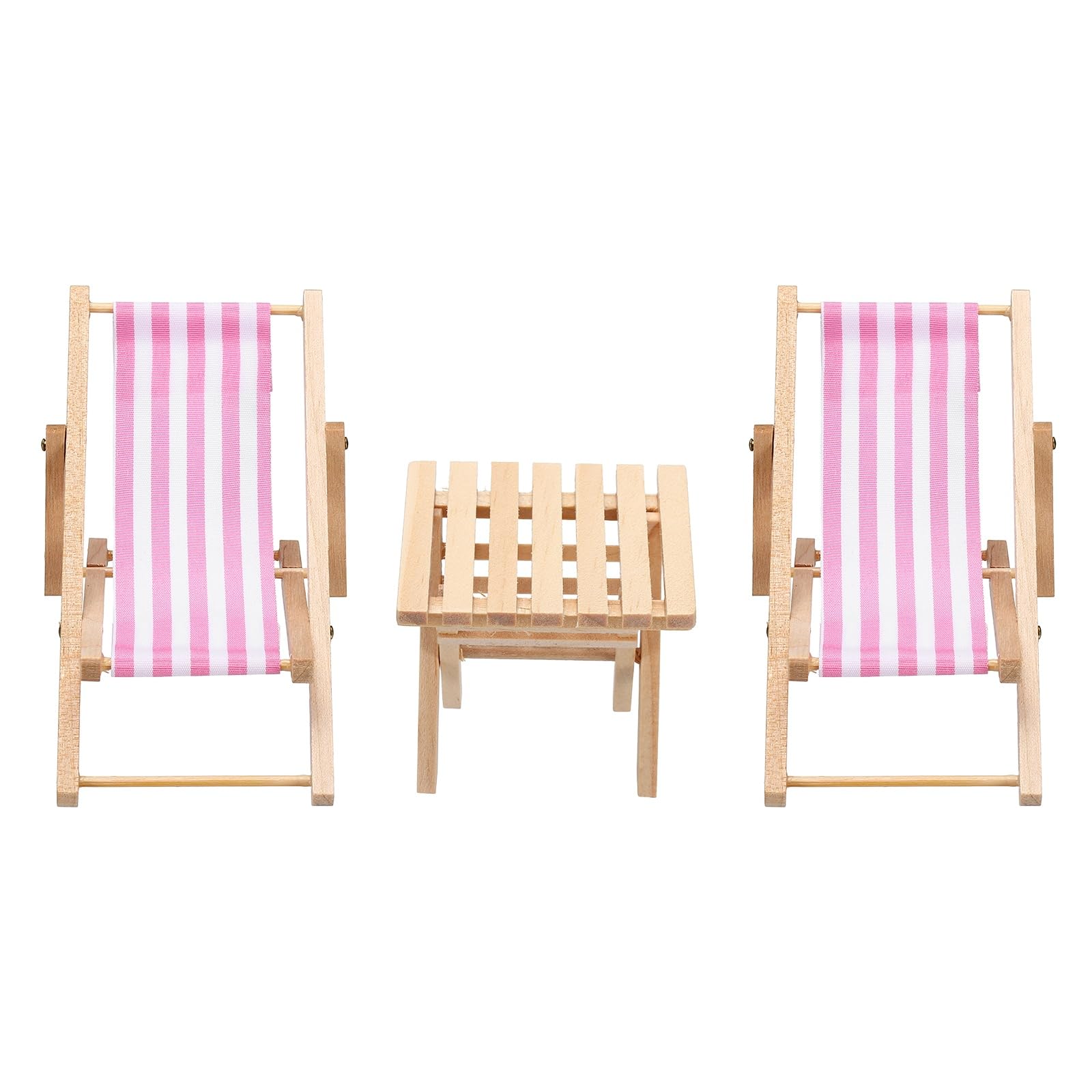 PATIKIL 3Pcs Miniature Beach Chair & Table, Mini Dollhouse Furniture, Wooden Foldable Sun Bath Chair Props Toy for DIY Tiny Dollhouse Micro Landscape Ornament Decoration, Pink