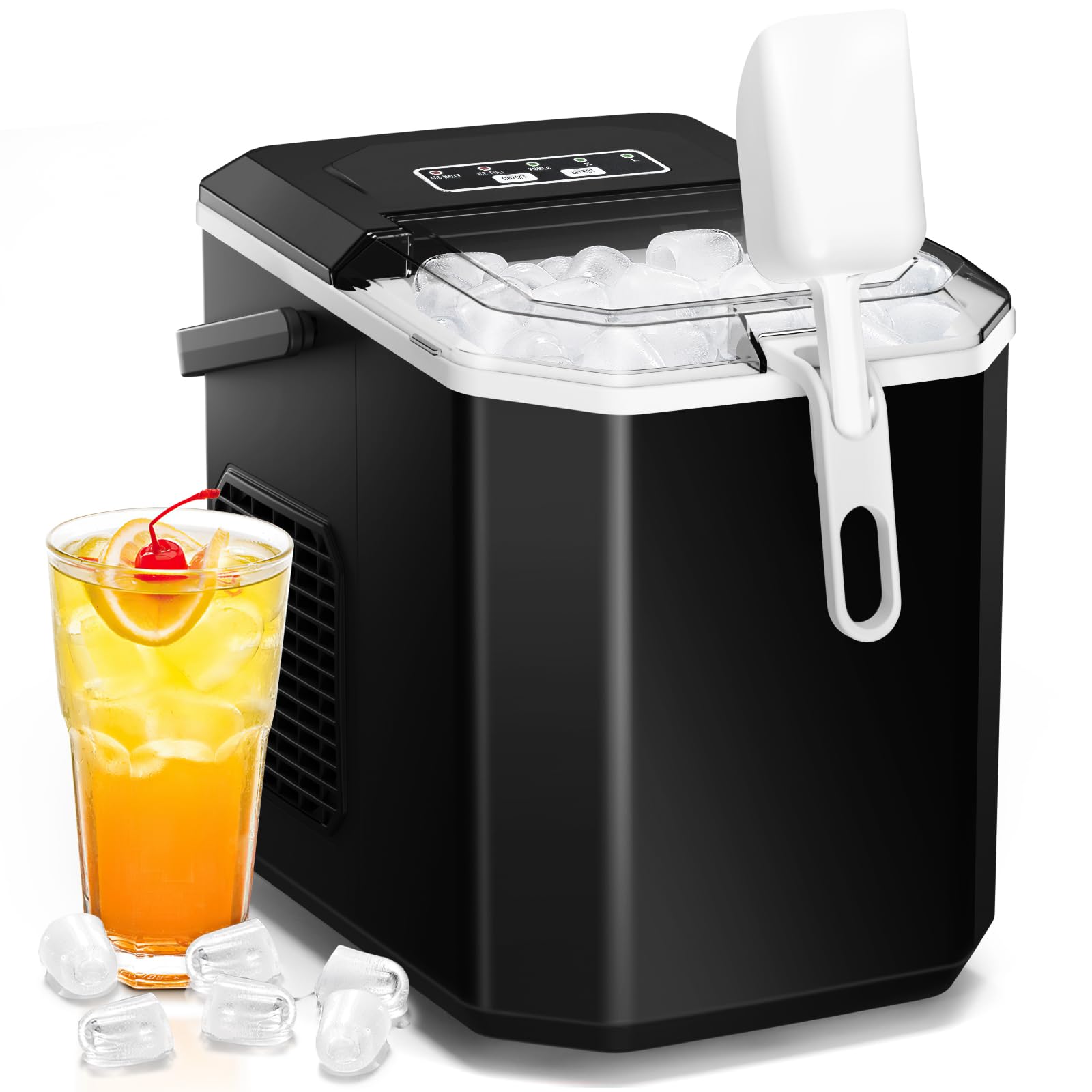 Ice Makers Countertop with Self-Cleaning, 26.5Lbs/24Hrs, 9 Cubes Ice Ready in 6~9Mins, Portable Ice Maker with 2 Sizes of Bullet Ice/Ice Scoop/Basket for Home/Office, Black(Double Handles)