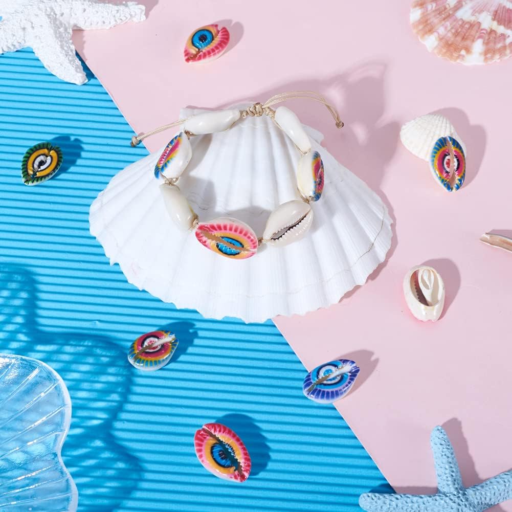 Cheriswelry 100pcs Printed Cowrie Shell Beads Undrilled Colorful Evil Eye Seashells Beach Beads Smooth Cut Oval Shell Beads Charms 20~25mm for DIY Craft Earring Bracelet Necklace Jewelry Making