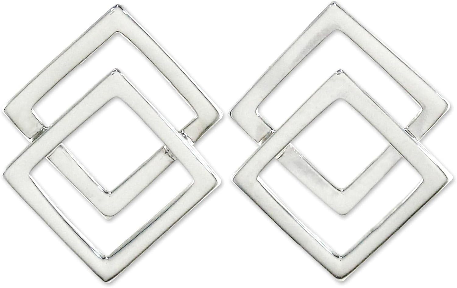 NOVICA Artisan Sterling Silver Button Earrings | Thai Square Geometric | Handmade in Thailand | Modern Design | 'Forever Square' | 0.9" L x 0.5" W