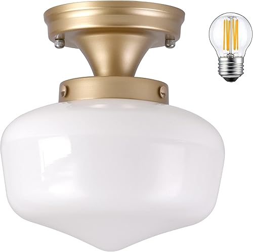 AyshwillDec Lámpara escolar de latón de 8 pulgadas, lámpara de mediados de siglo, lámpara de vidrio de leche, lámparas de techo semiempotradas para