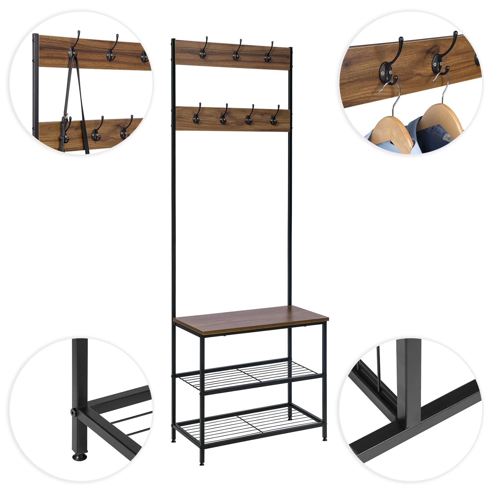 WOLTU Perchero Zapatero Perchero de Estilo Industrial con Banco 7 Ganchos Madera y Acero Marrón Oscuro | Zapatero de 2 niveles, 7 ganchos dobles, para entrada de pasillo, metal y madera de ingeniería, 60 x 31,5 x 170 cm