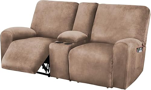 Reclining Love Seat with Middle Console Slipcover, 8-Piece Velvet Stretch