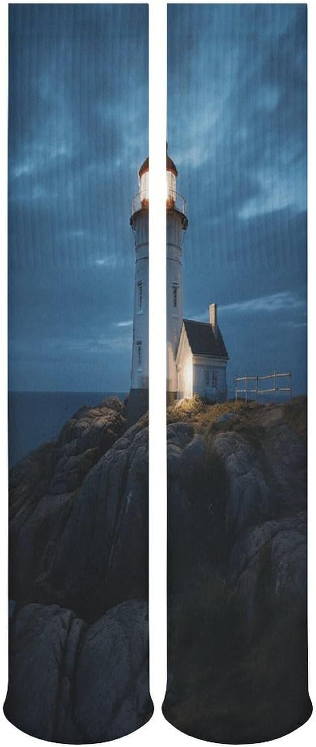 Lighthouse at Night Crew Socks High Stocking Thermal Socks | Tube Socks-Breathable-Moisture-Soft-wicking for Hospital Pilates Yoga for women men Grippy for office and daily walking