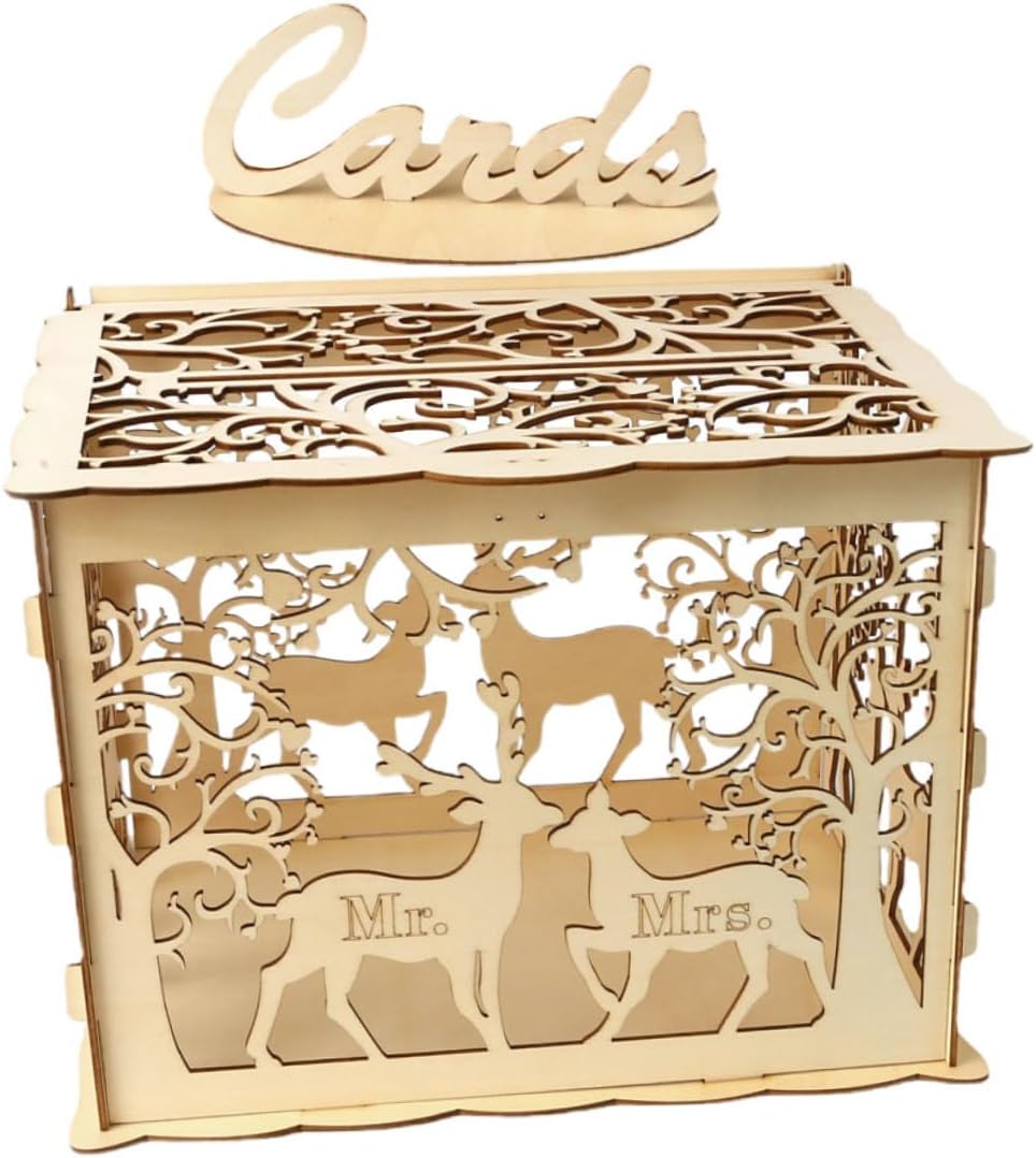 Wooden Wedding Cards Box Large DIY Hollow Sign-in Cards Holder with Slot for Couples Wedding Reception and Party Supplies