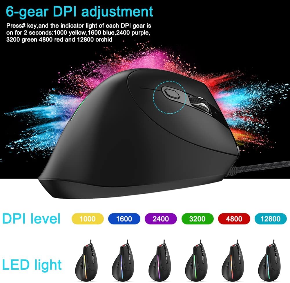 AFUNTA 12800 DPI RGB Gaming Mouse, Ergonomic Mouse Optical Wired Vertical Mouse with 9 Programmable Buttons, for Gamer PC Laptop(T50)