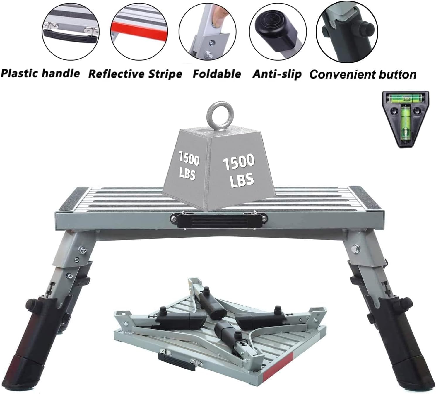 Homeon Wheels Large RV Step Stool, Adjustable Height Aluminum Folding Platform Step Ladder with Non-Slip Rubber Feet, Heavy Duty Support Up to 1500lbs, 19" x 14.5", for RV, Trailer, Truck, Outdoor