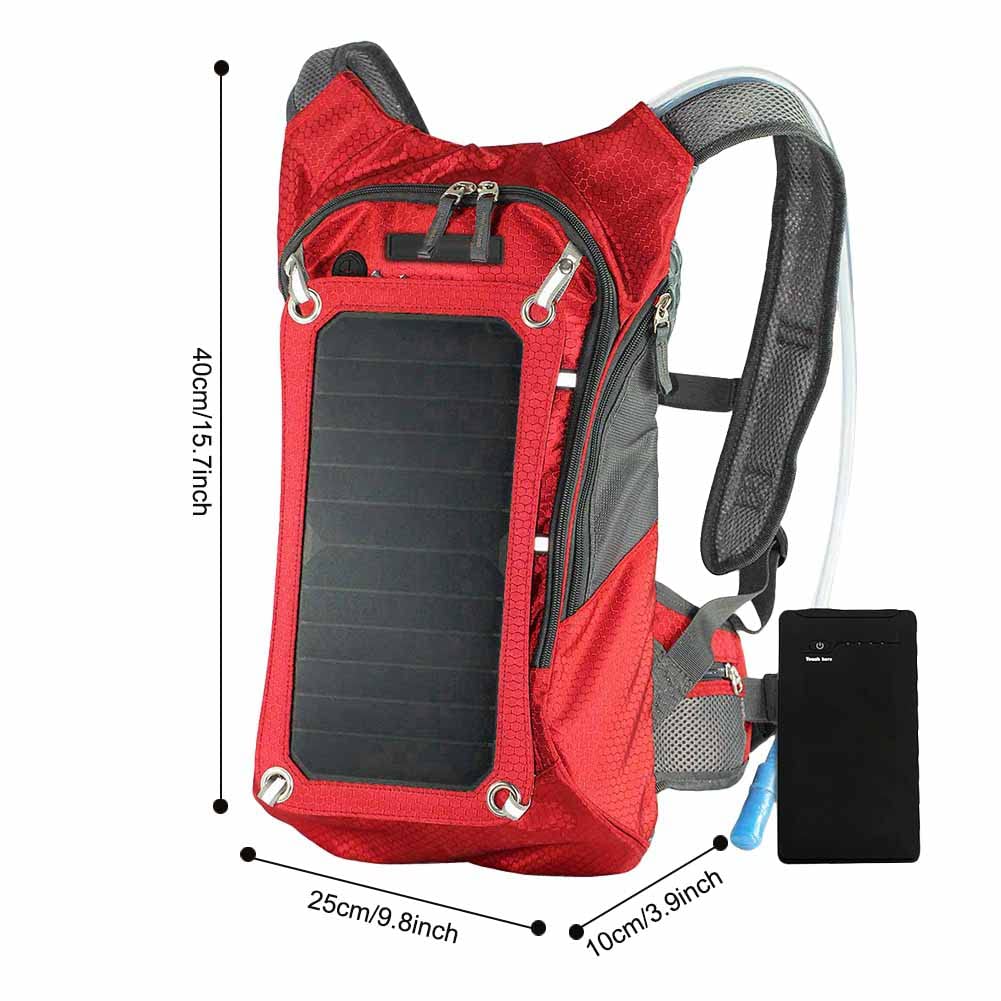 Zaino con Pannello Solare, Zaino da Esterno Multifunzionale in Nylon Resistente con Pannello Solare da 6,5 ​​W E Zaino per Sacca d'Acqua da 2 Litri per Gite in Bicicletta