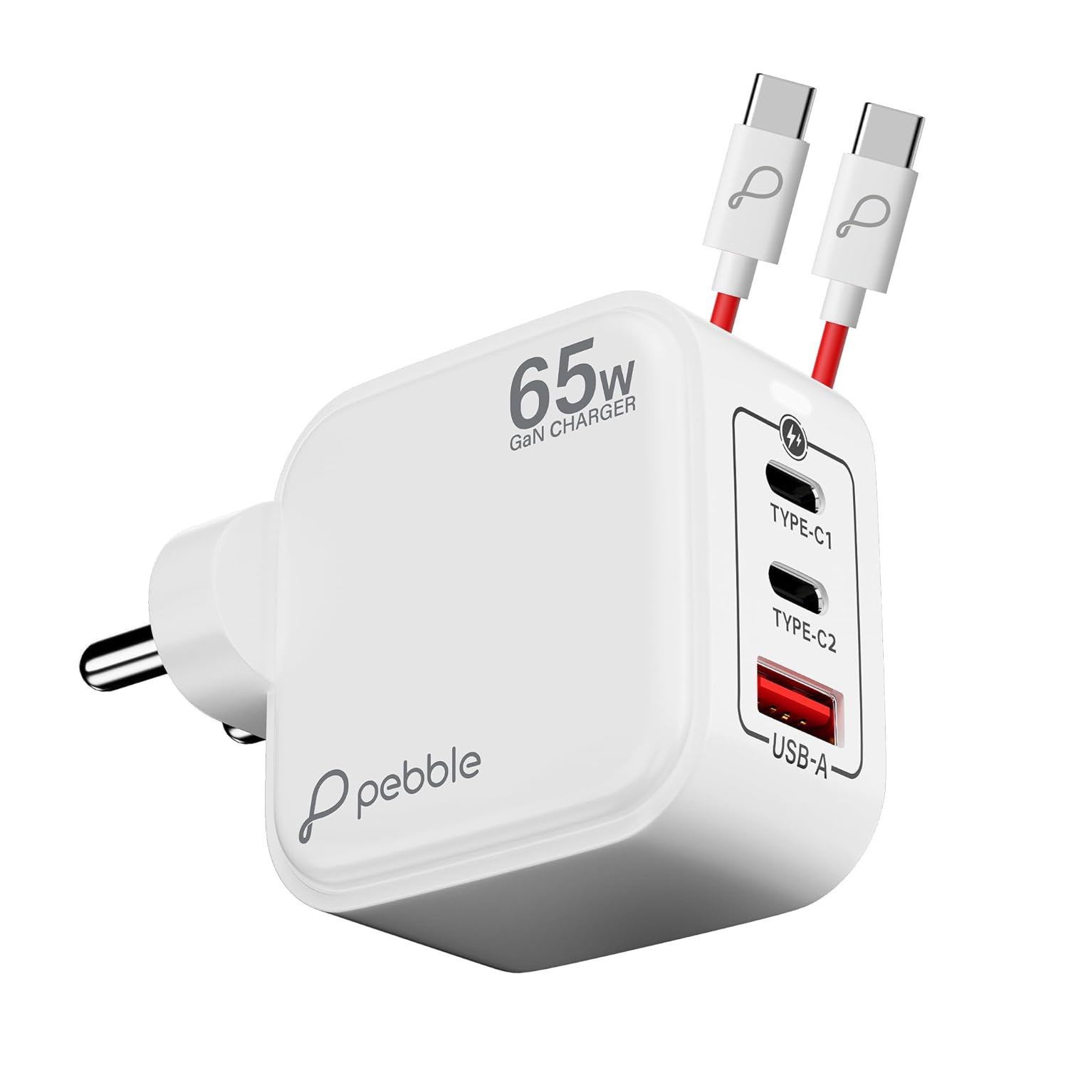 Pebble PWC121 65W GaN Ultra Fast Charger | 3-Port Compact Adapter (2 Type-C + 1 USB) | Smart Power Delivery | Excessive Power & High Voltage Protection | Lightweight Travel-Friendly with Cable