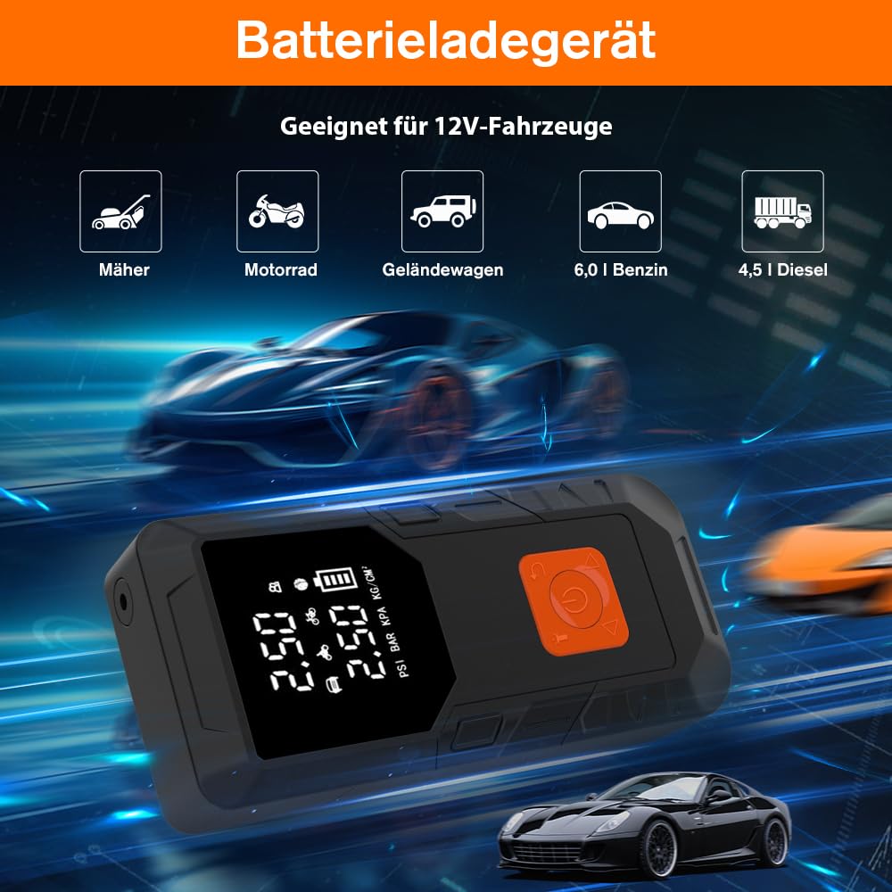 Junsun Auto Starthilfe Luftpump Powerbank 450A 12V 18W 12000mAh Junmper Starter mit Bildschirm 6.5L Gas, 5.0L Diesel Luftpump für Auto, Motorrad, Bälle