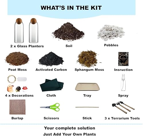 Miniatura 9 de Kit de inicio de terrario DIY con 13 artículos, guijarros de tierra, musgo de esfagno, carbón activado de arpillera, turba, musgo, terrario,
