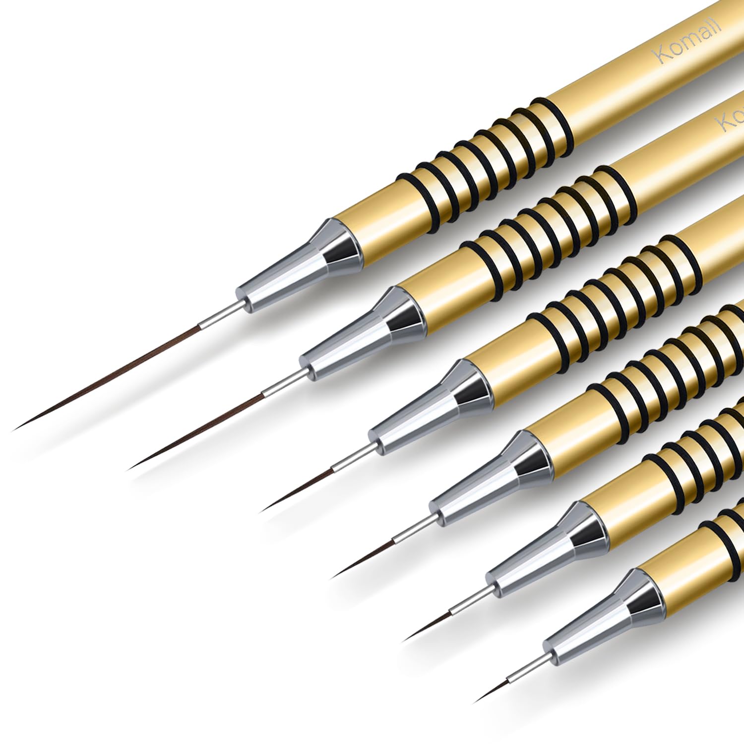 Komall Metallic Nail Art Brushes, 6Pcs Non Slip Liner Brush Set, UV Gel Polish Painting Art Design Pen for Long Lines, Thin Details, Fine Drawing