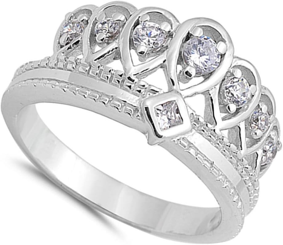Clear CZ Tiara Crown Princess Ring New .925 Sterling Silver Band Sizes 5-9