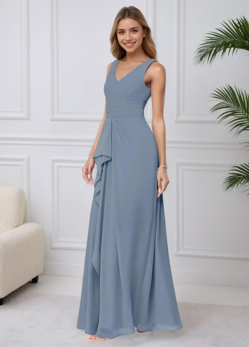 Chiffon Bridesmaid Dresses for Wedding Ruffle Long A-Line Ruched Formal Evening Party Gown - Image 3