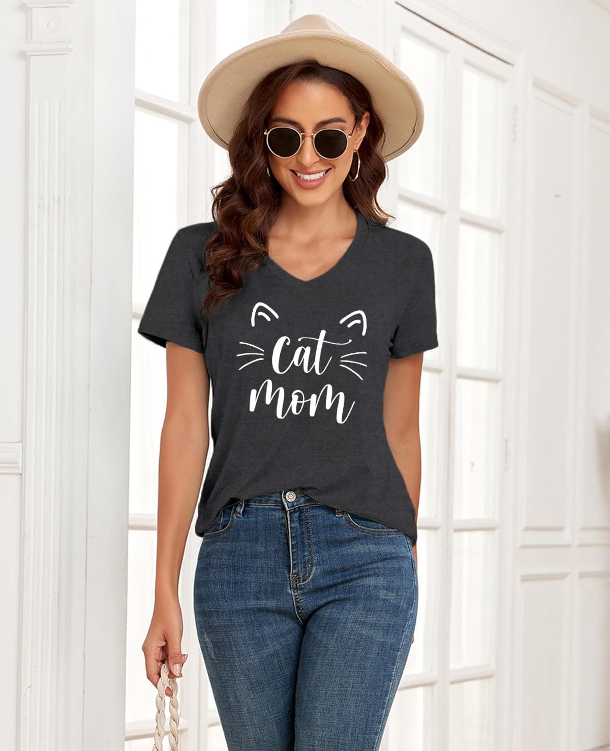Womens Mama V Neck Shirts Mothers Day T-Shirt Cute Cat Mom Tee Tops - Image 4
