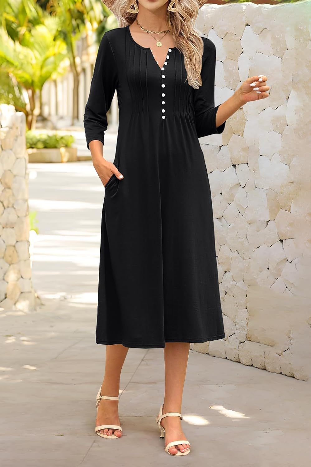 Soesdemo Long Sleeve Dress for Women Casual V Neck Pleated Button Down 3/4 Sleeves Knee Length Midi Dresses with Pockets - Image 3