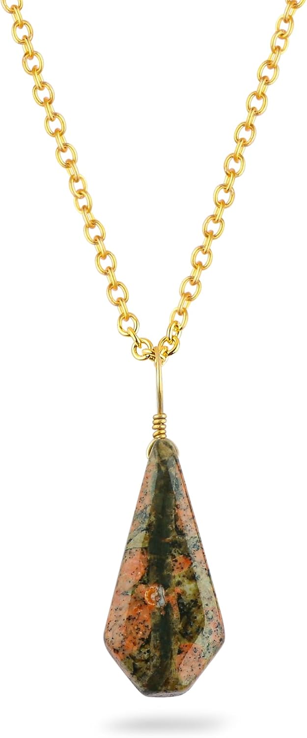 Natural Unakite Gemstone Necklace, Polished Coffin Stone Dainty Pendant, Handmade Bohemian Jewelry, Healing Crystals, Gold Plated Chain, Christmas Gift for Women-18inch