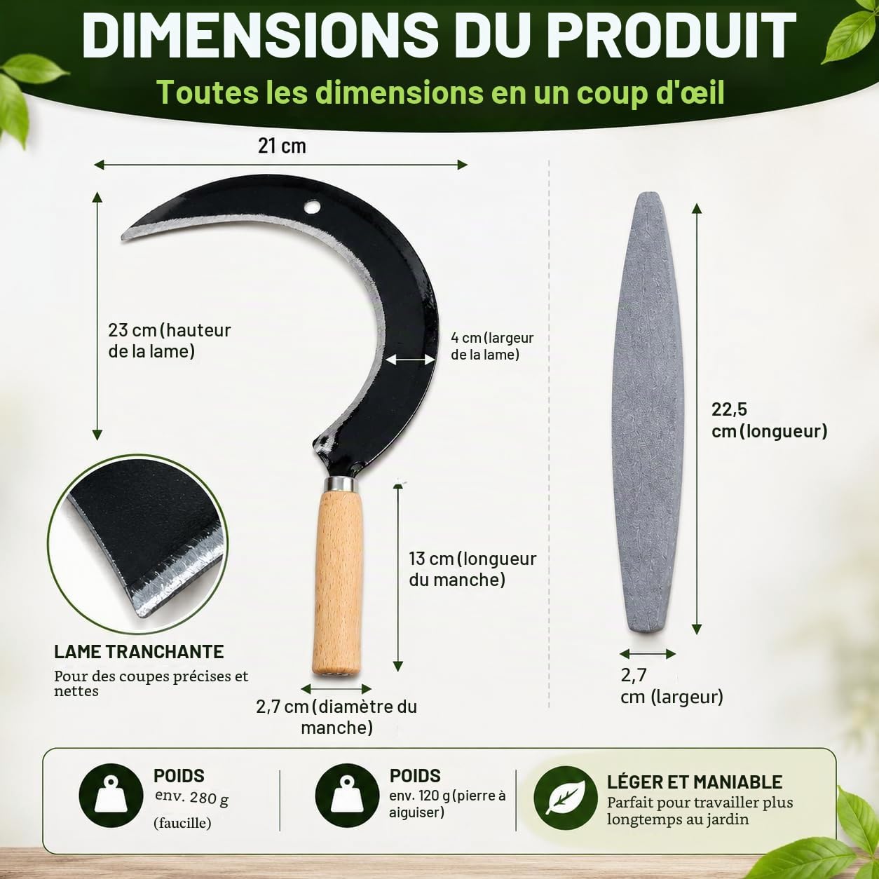 Set de faucilles de qualité supérieure avec pierre à aiguiser, faucille tranchante, faucilles à main 35 cm, petites faux, tondeuse, coupe-herbe, manche en bois, faucille forgée pour faucher