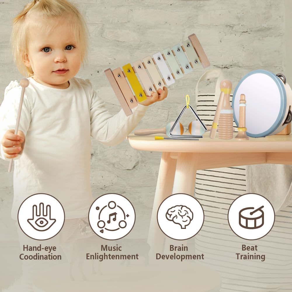 BLIVORRA Baby Musical Instruments Set – Montessori Wooden Music Toys for Toddlers & Kids with Xylophone, Tambourine & More – Boho Percussion Set for Kids Preschool Educational, BPA-Free, Age 1-3