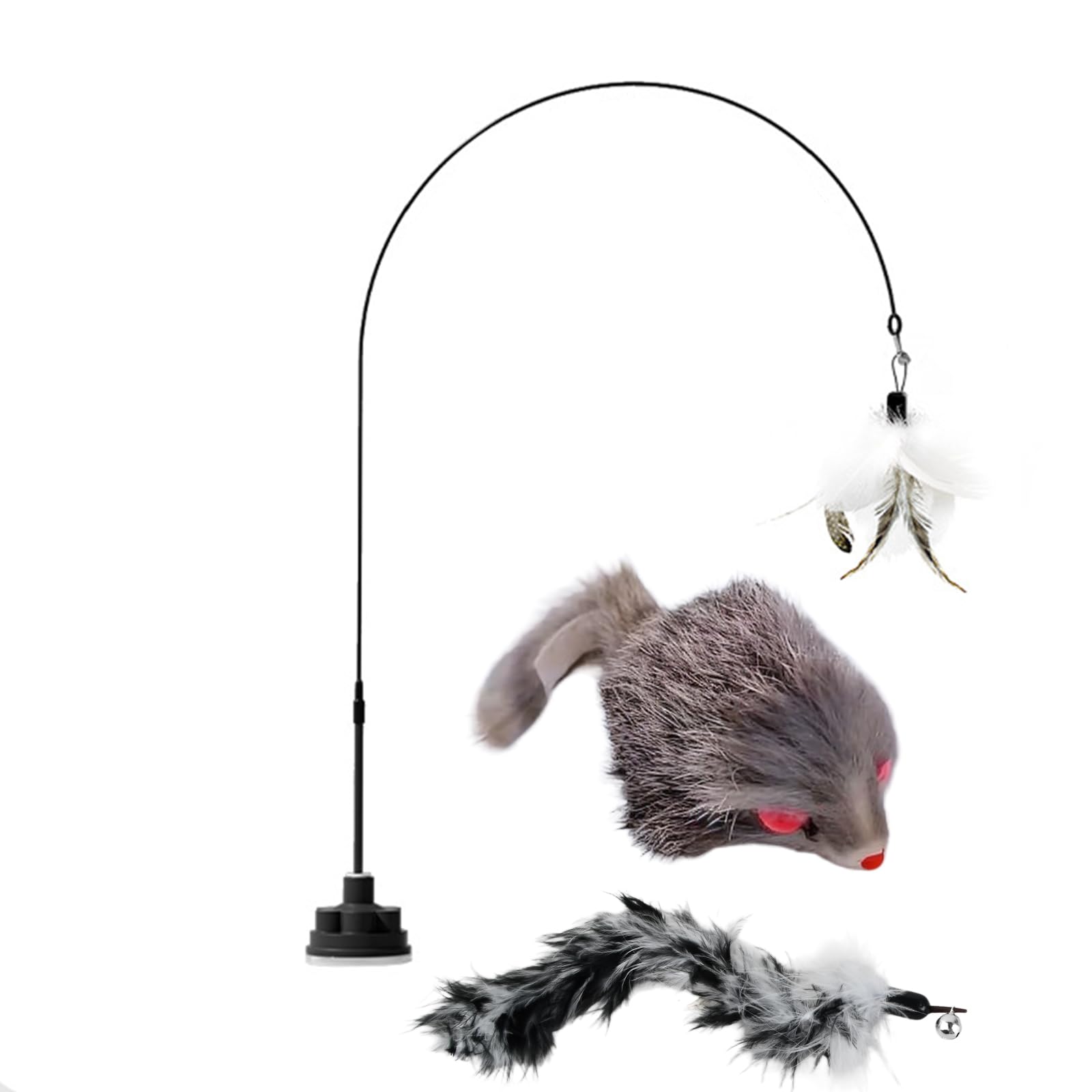 Rieoany Cat Teaser, Interactive Cat Toy, Black Rotating Suction Cup, 1 Gray Feather Replacement Head and 1 Mouse Replacement Head, Suitable for Small and Large Cats, 100 cm Long