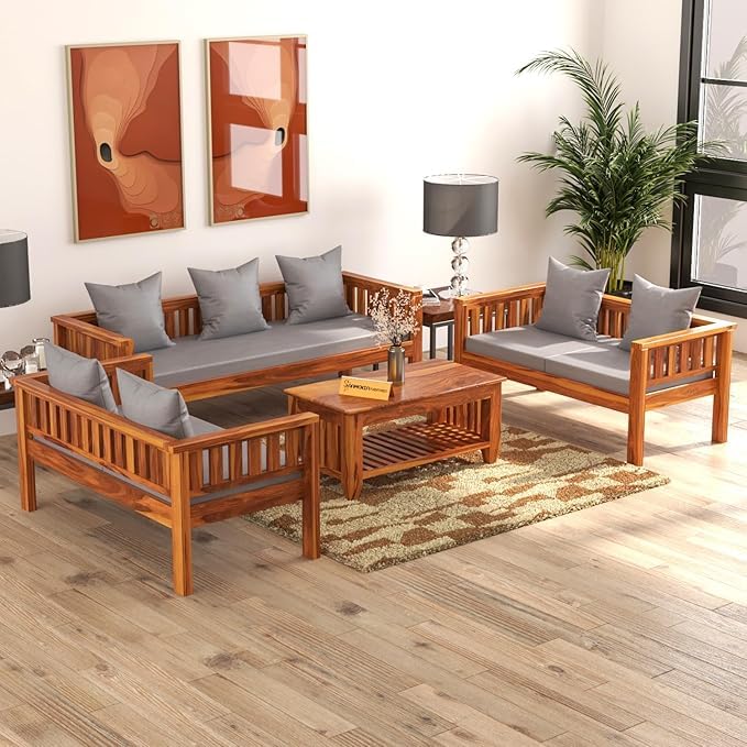 Image of Sheesham Wooden 7 Seater Sofa for Living Room | Rosewood 7 Seater Cushion Sofa Low Height | Solid Wood Sofa Set for Lounge (3+2+2,Honey Finish)