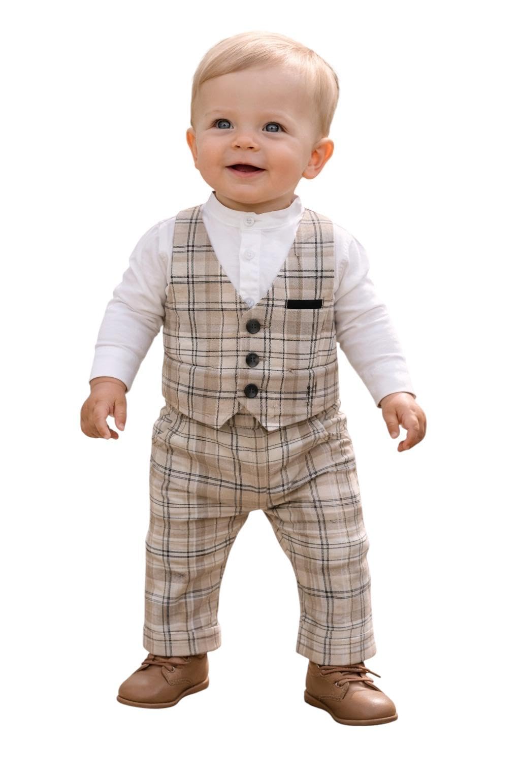IDO Conjunto elegante ceremonia bautizo bebé 12 meses - 80 cm con camisa, chaleco y pantalón con tirantes color beige