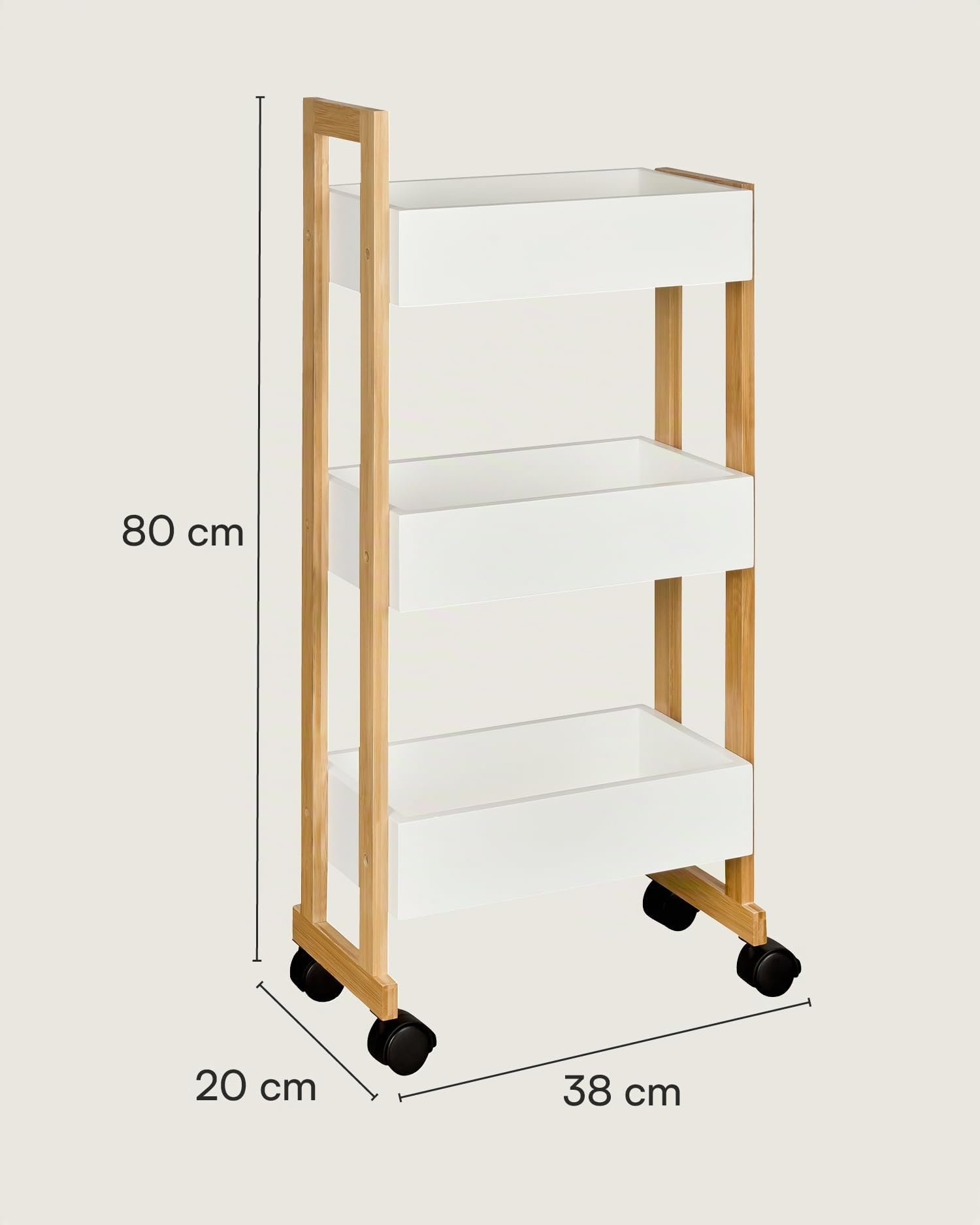 shelfmade Nischenregal Bambus - Küchenwagen schmal - Badregal Rollwagen - Küchenregal weiß, Nischenwagen mit 3 Körben - Holzregal, Badregal stehend