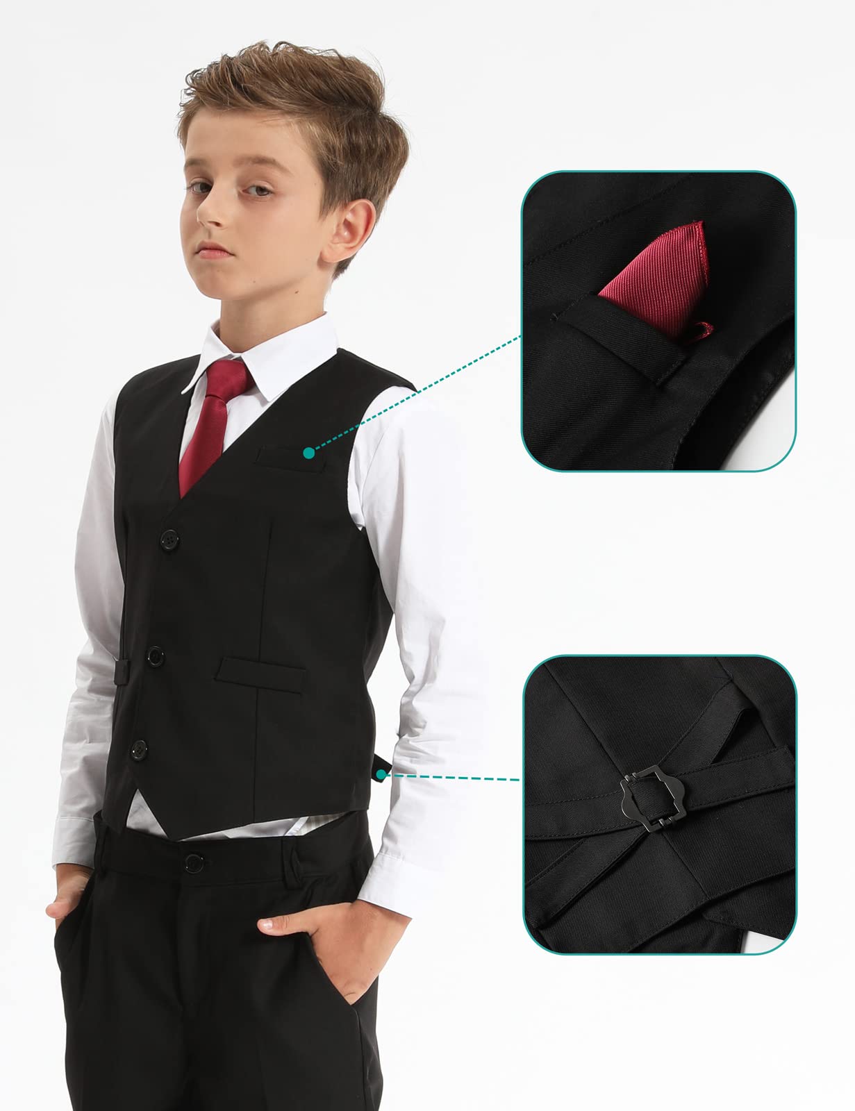mintgreen 2 Pièces Ensemble de Costumes pour Garçons, Gilet, & Pantalon & Nœud Papillon & Cravate & Carré de Poche, 5-13 Ans