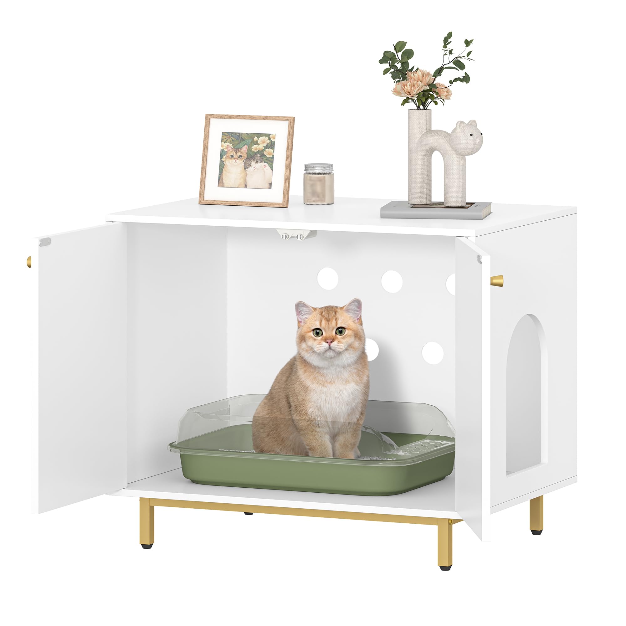 Hzuaneri Katzenschrank, Katzentoilette, Katzenklo Schrank, Katzenhaus mit Tür, Hölzerner Beistelltisch für das Haustierhaus, 80 x 50 x 70 cm, Stabile Katzenschrank, Weiß und Gold CB85003G