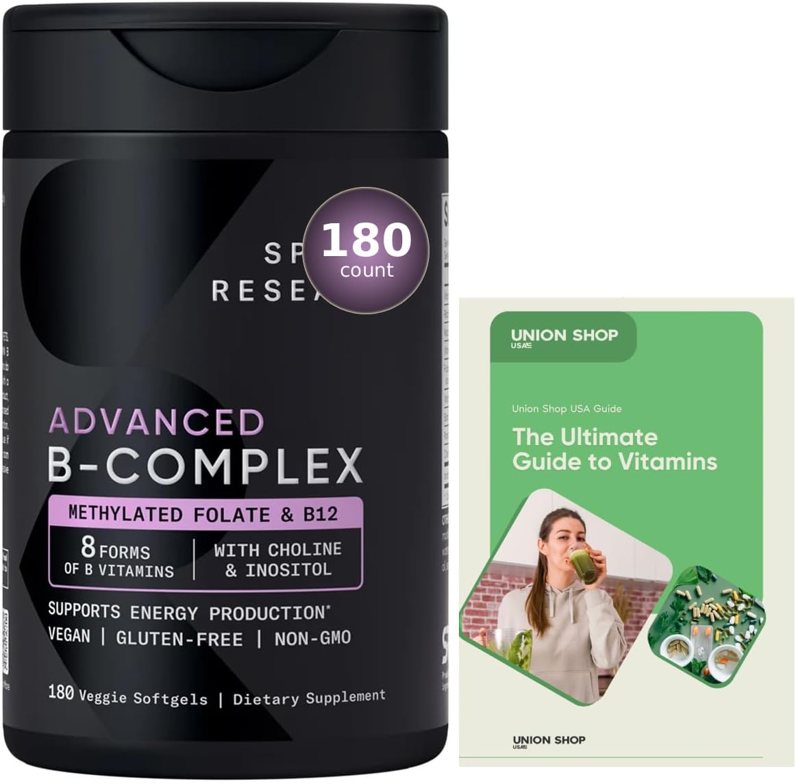 Advanced B-Complex with Methylated Folate & B12-3 Month-Supply - Vegan, Gluten Free, Non-GMO Energy - 180 Count + Exclusive Vitamin Guide