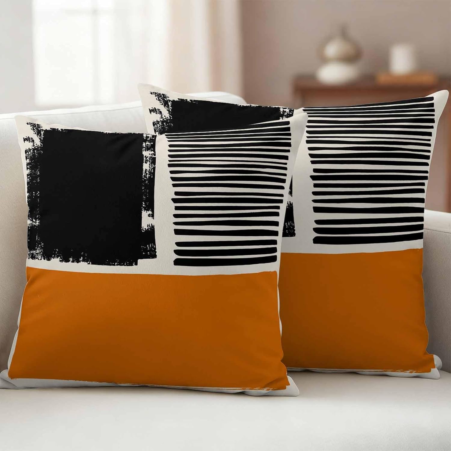 Orange Black Outdoor Waterproof Throw Pillow Covers 18x18 Set of 2, Farmhouse Striped Modern Abstract Art Decorative Pillowcases Cushion Pillowcase for Couch Sofa Patio Outside Pillow Protector