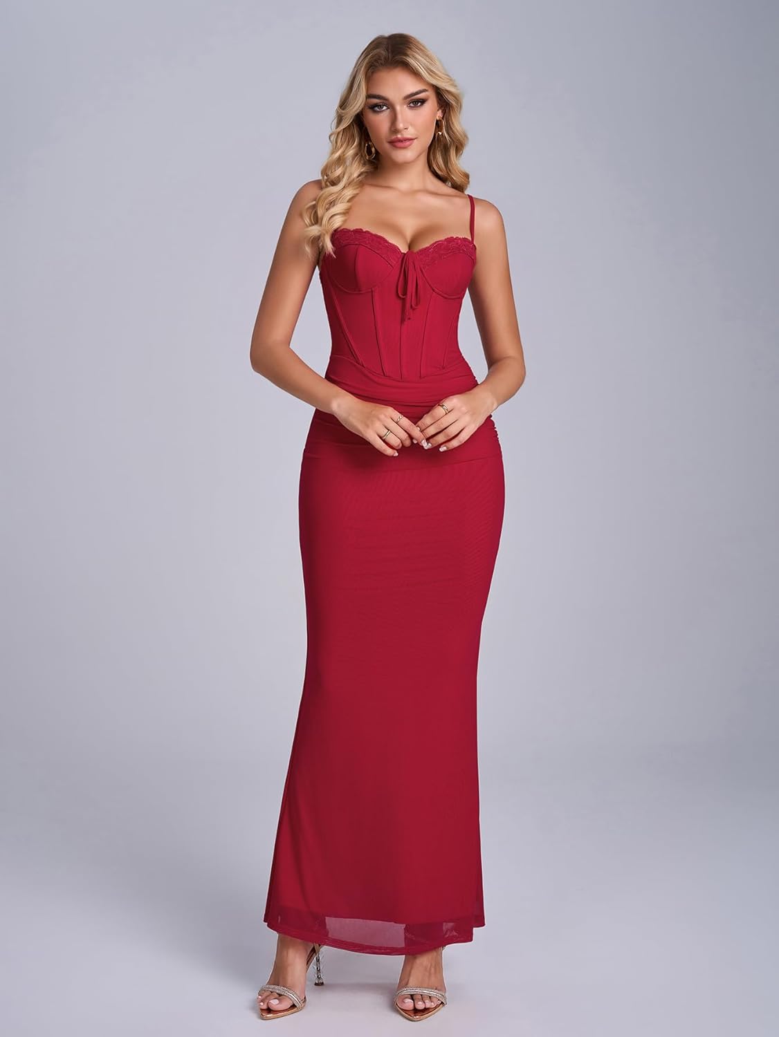 KUTUMAI Vintage Lace Corset Floral Maxi Long Dress Bodycon Ruched Tie Formal Wedding Guest Dresses for Women Elegant - Image 6