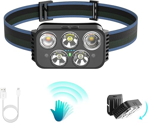 Pluralla Linterna frontal recargable 400 lúmenes súper brillante con sensor de movimiento LED linternas impermeables con luz blanca roja 6 modos de