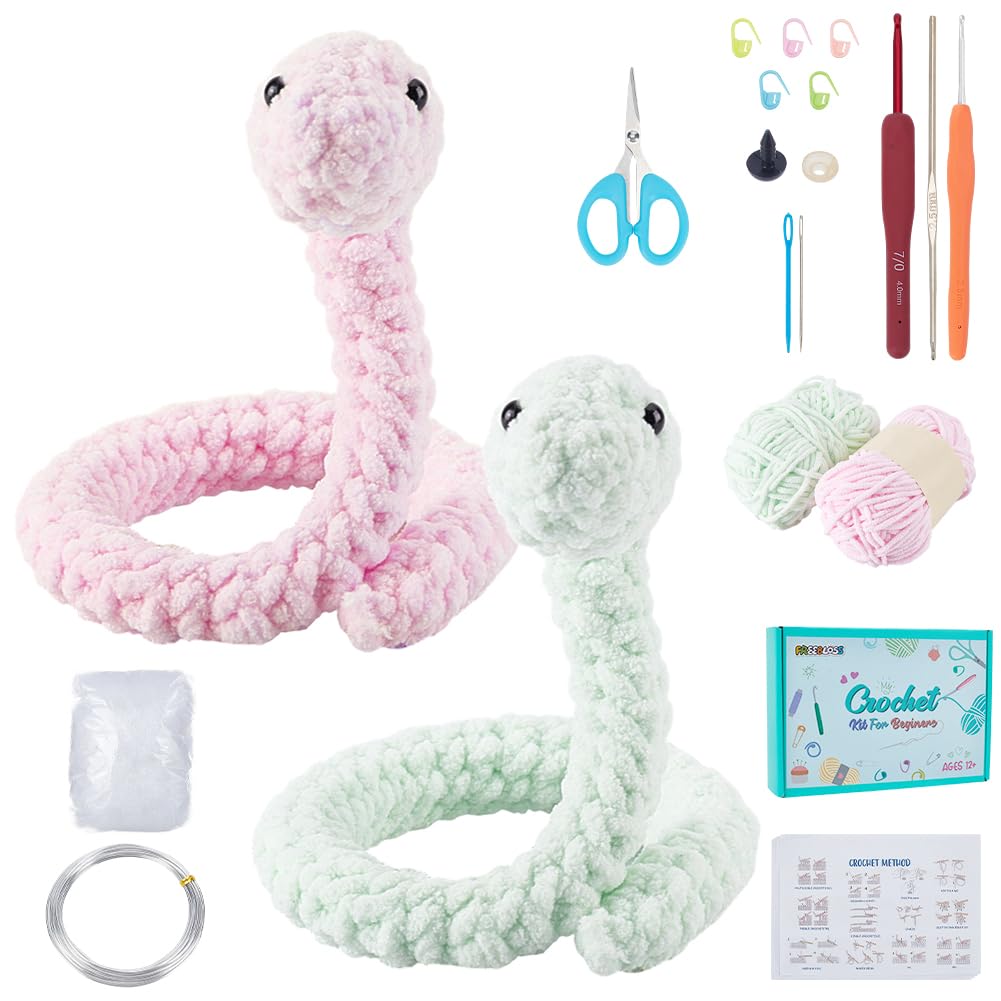 FREEBLOSS 4set Crochet Snake Kit Crochet Animal Kit Crochet Kit for Beginners with Video Tutoria Snake Crochet Starter Kit for Adults DIY Animal Knitting Craft Supplies Beginners Crochet Kit
