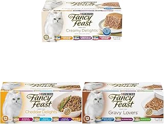 Fancy Feast Wet Cat Food, Creamy Delights Variety Pack 85g & Fancy Feast Wet Cat Food, Cheddar Delights Grilled Variety & Fancy Feast Wet Cat Food, Gravy Lovers Variety Pack 85 g