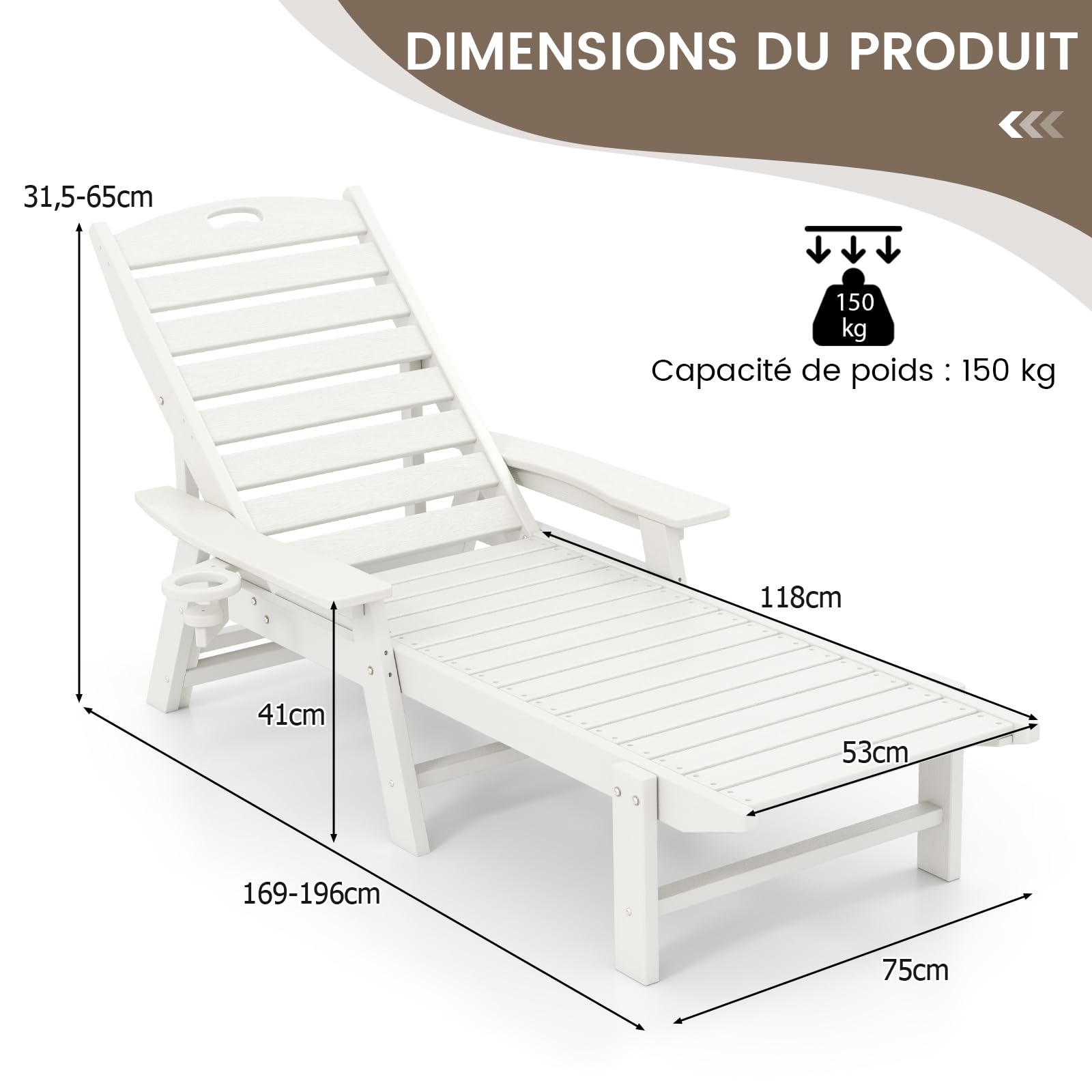 COSTWAY Bain de Soleil en HDPE Réglable sur 4 Niveaux, Blanc