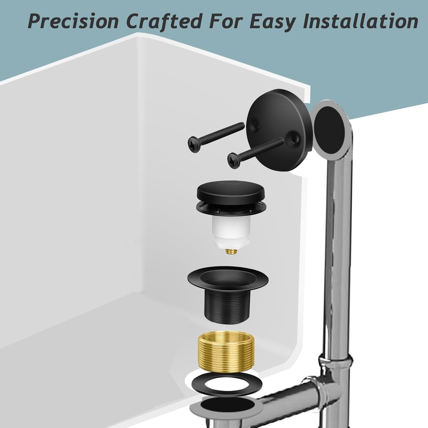 Tip-Toe Bathtub Drain Kit with Two-Hole Overflow Plate, Premium Quality Bath Tub Drain Replacement fits for All Bathtub, Universal Fine/Coarse Thread Bathtub Stopper (Matte Black)