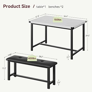 3 Piece Dining Table Set, Kitchen Table and Benches for 4, Rectangular Dining Room Table Set with 2 Upholstered Benches, Dining Table Set for Small Space, Apartment, Marble White