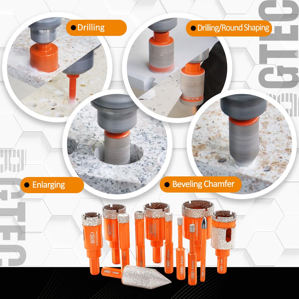 BGTEC Diamantbohrer Fliesenbohrer Set - 12 Stück Ø 6-35mm Bohrkronen Set & 6mm Hartmetall-Senkbohrer für Granit, Marmor, Porzellan, Fliesen, Keramik, Sechskant-Schaft