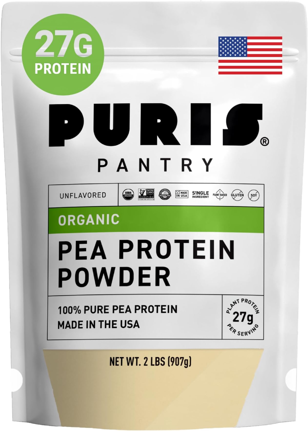 PURIS Organic Pea Protein Powder – USDA Organic Vegan Protein | 27g Plant Protein Per Serving | Non-GMO Gluten-Free Soy-Free | Clean Label | Smooth Taste | Ideal for Shakes, Smoothies, Baking | 2 lb